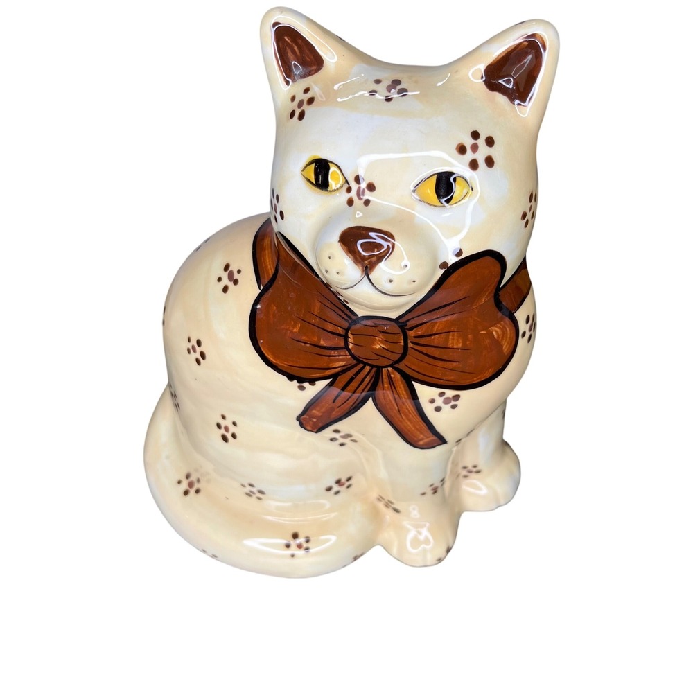 Unbranded Ceramic Cat Figurine Statue Cream Brown Polka Dot Bow 9" Vintage Style